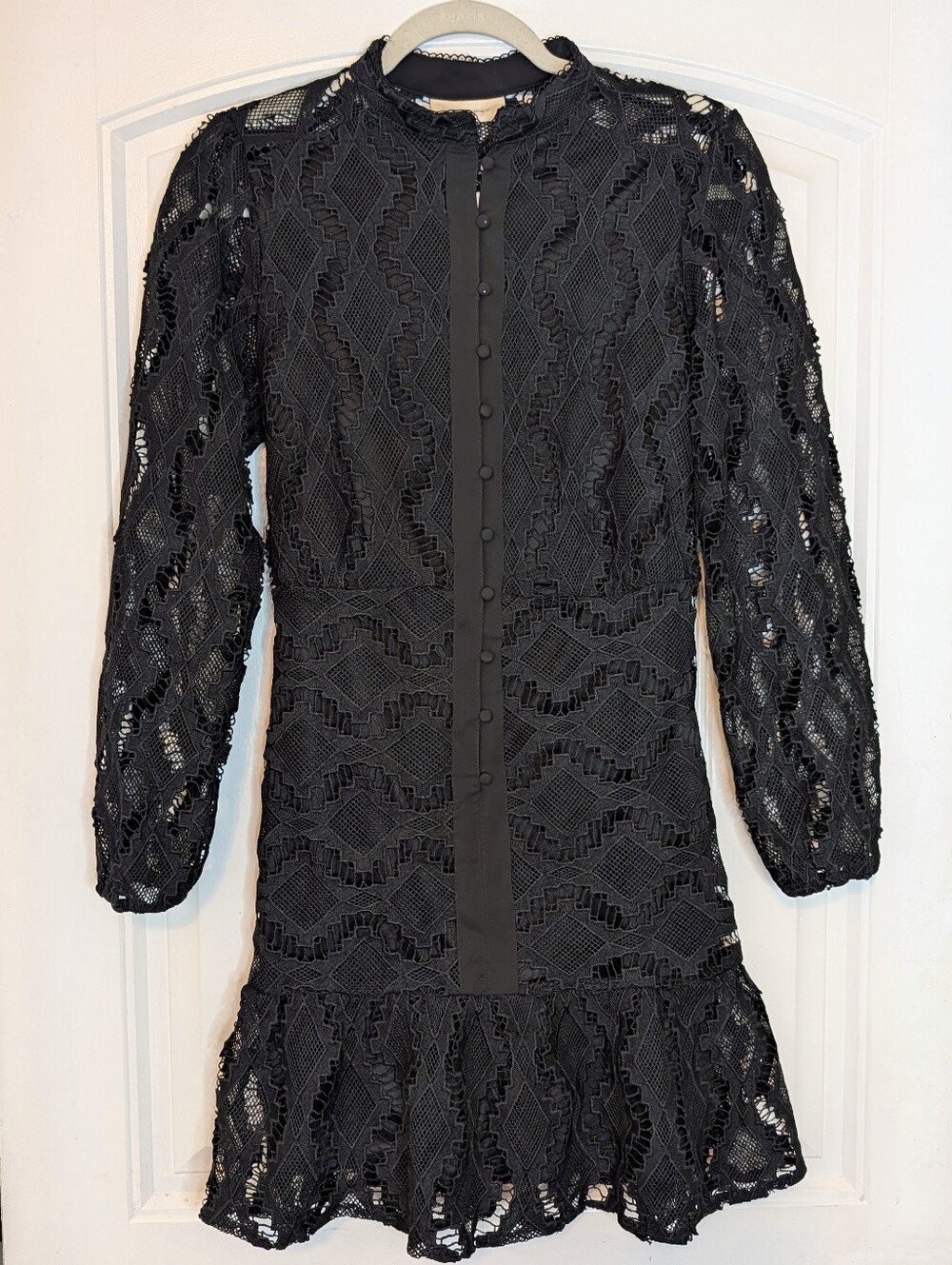 Melloday Whimsigoth Style Black Lace Long Sheer Sleeve Mock Neck Mini Dress